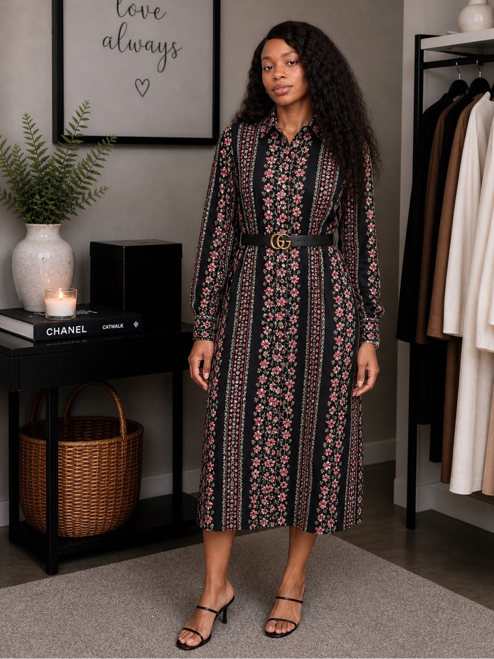 Boden Floral Black and Pink Maxi Dress.